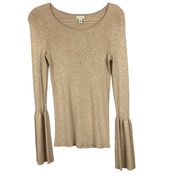 HINGE Rose Gold Metallic Bell Sleeve Tight Knit Pullover Sweater Top sz M - Picture 4 of 8